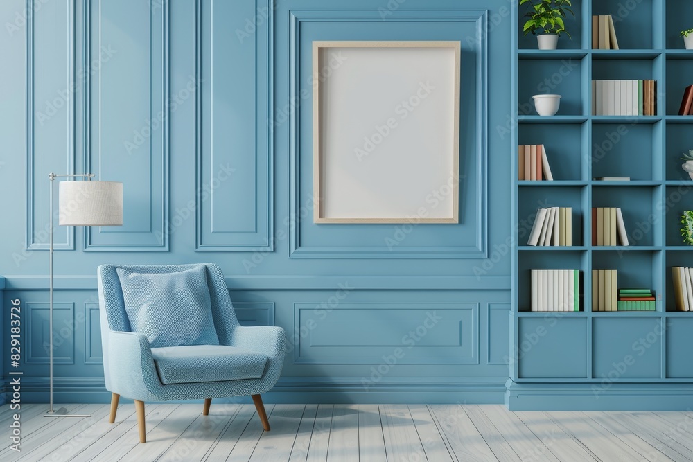 Contemporary white and blue room with armchair lamp frame decor bookshelf and parquet floor