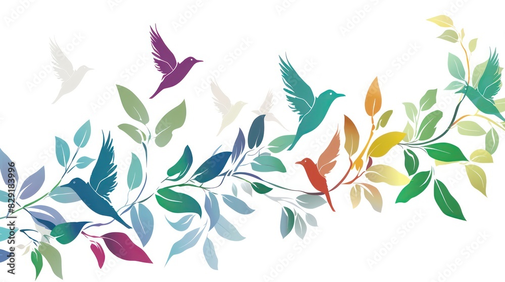 wallpaper with colorful  branches, leafs and birds on a white background