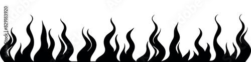 Flame fire border frame silhouette template vector illustration clipart. Flammable horizontal line. Black on white. Decorative burning mockup. Cartoon fiery tattoo template. Hot temperature. Vector