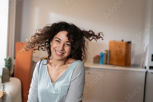 portrait of a woman, black person, afro american girl, curly hair, young woman in a house, happy housewife