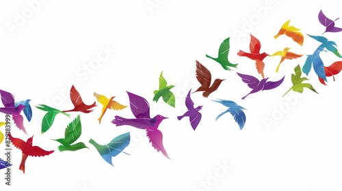 wallpaper with colorful branches, leafs and birds on a white background