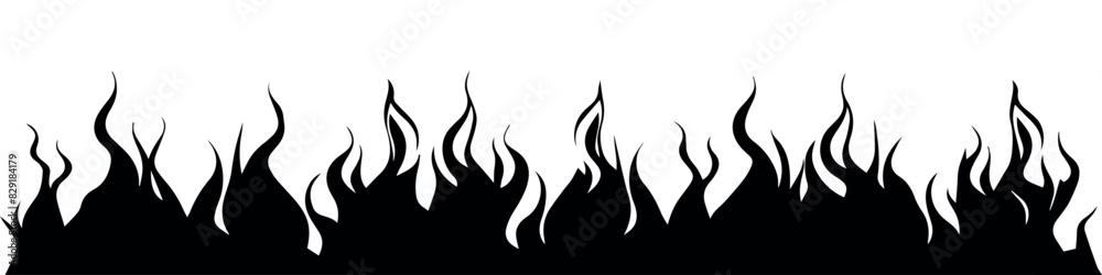 Border fire flame. Flaming pattern. Flammable horizontal line. Black on white. Decorative burning mockup. Cartoon fiery tattoo template. Hot temperature. Vector illustration Border fire flame. Flaming pattern. Flammable horizontal line. Black on white. Decorative burning mockup. Cartoon fiery tattoo template. Hot temperature. Vector illustration