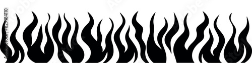 Flame fire border frame silhouette template vector illustration clipart. Flammable horizontal line. Black on white. Decorative burning mockup. Cartoon fiery tattoo template. Hot temperature. Vector