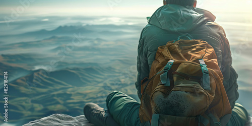 A lone traveler gazes out over an unfamiliar horizon, their backpack resting at their feet photo