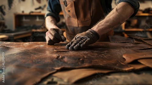 The process of working with the leather with a low depth of field