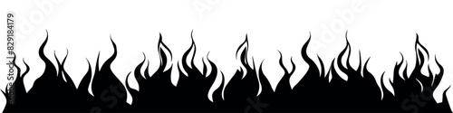 Border fire flame. Flaming pattern. Flammable horizontal line. Black on white. Decorative burning mockup. Cartoon fiery tattoo template. Hot temperature. Vector illustration