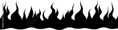 Flame fire border frame silhouette template vector illustration clipart. Flammable horizontal line. Black on white. Decorative burning mockup. Cartoon fiery tattoo template. Hot temperature. Vector