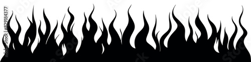 Border fire flame. Flaming pattern. Flammable horizontal line. Black on white. Decorative burning mockup. Cartoon fiery tattoo template. Hot temperature. Vector illustration