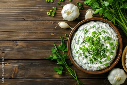 Cream cheese dip with green onions and herbs in a bowl on wooden table top view