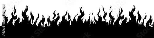 Border fire flame. Flaming pattern. Flammable horizontal line. Black on white. Decorative burning mockup. Cartoon fiery tattoo template. Hot temperature. Vector illustration