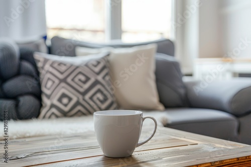 Cup on wooden table in white living room with gray sofa and graphic pillows