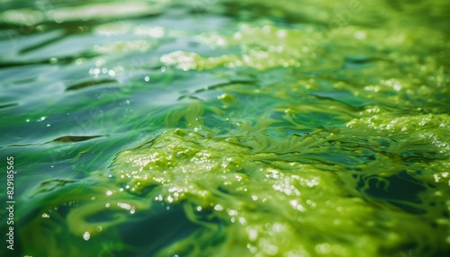 Cyanobacteria bloom in polluted river and pond water A close up photo