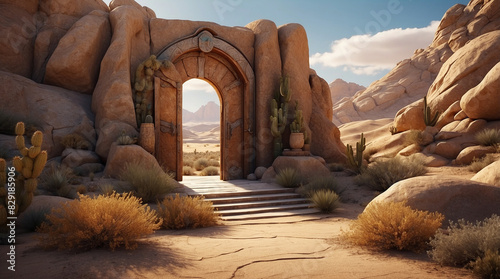 large stone archway in the middle of a desert photo