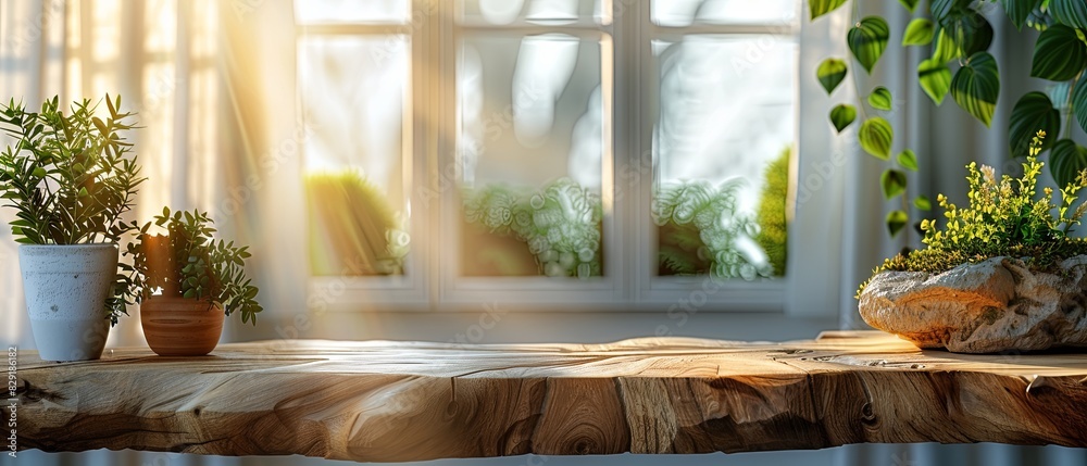 A wooden table with potted plants and a rock on it A wooden table with potted plants and a rock on it