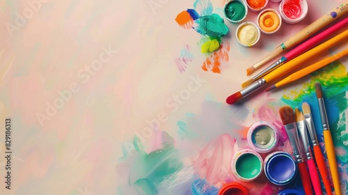 Colorful art supplies on a pastel beige background with a back to school message