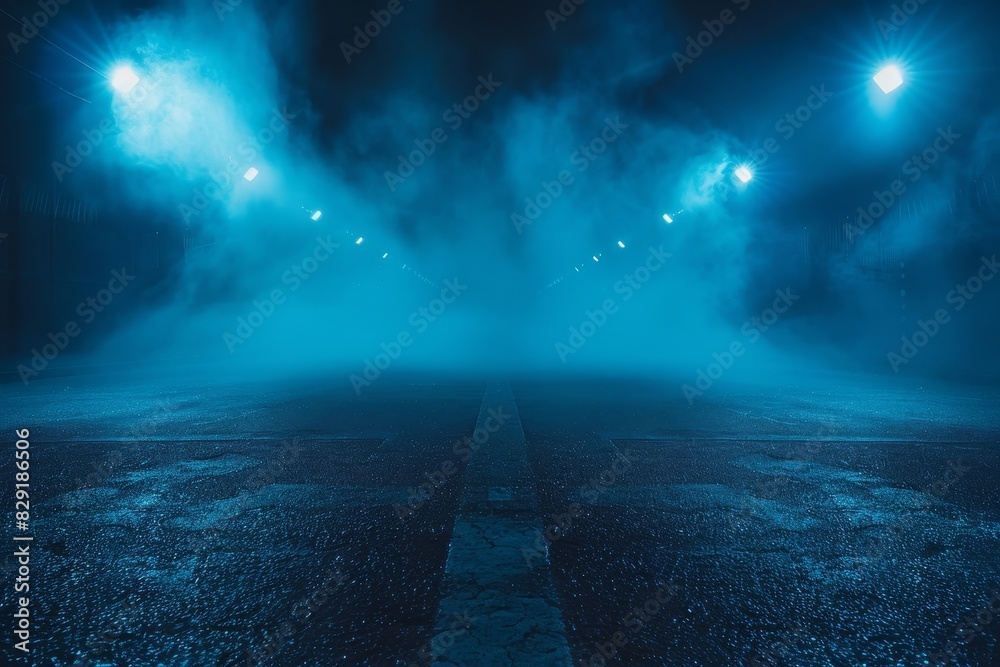Dark empty street with neon lights spotlights smoke in the studio room at night Dark empty street with neon lights spotlights smoke in the studio room at night