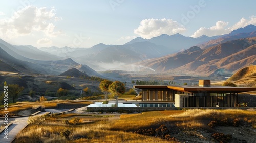 A residence situated in a valley with mountains in the distance photo
