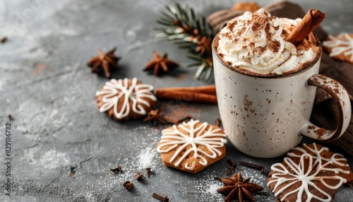 Decorated cup of hot chocolate with whipped cream cinnamon chocolate slices and cookies on concrete background Enjoyable drink for cold days