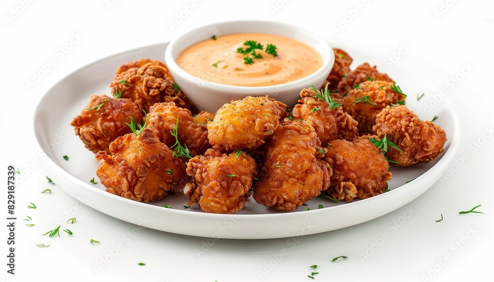 Delicious popcorn chicken and sauce on a white plate Delicious popcorn chicken and sauce on a white plate