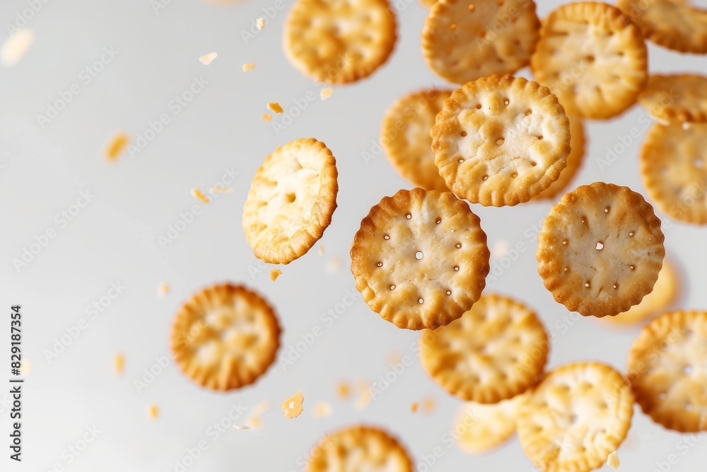 Delicious round crackers floating on white surface Delicious round crackers floating on white surface