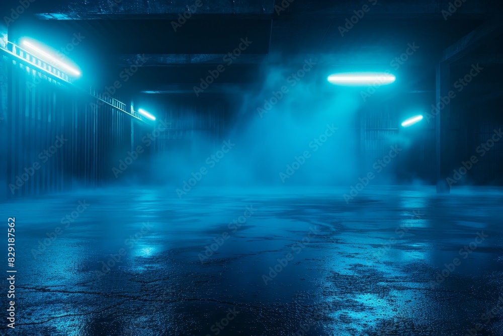 Desolate street with neon lights dark blue background smoky interior studio
