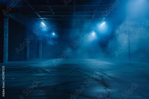 Desolate street at night with neon lights and smoke in studio room dark blue background