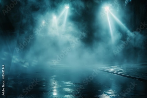 Desolate street with glowing lights reflecting on water and wet pavement Rays shining through fog