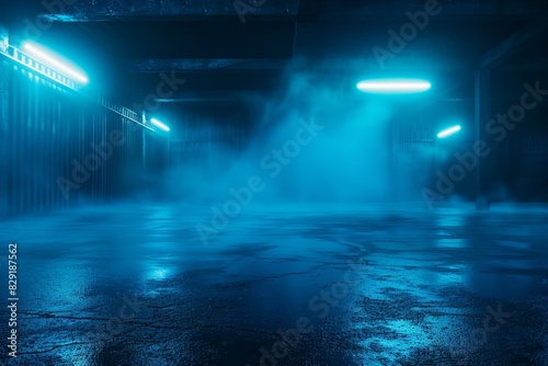 Desolate street with neon lights dark blue background smoky interior studio