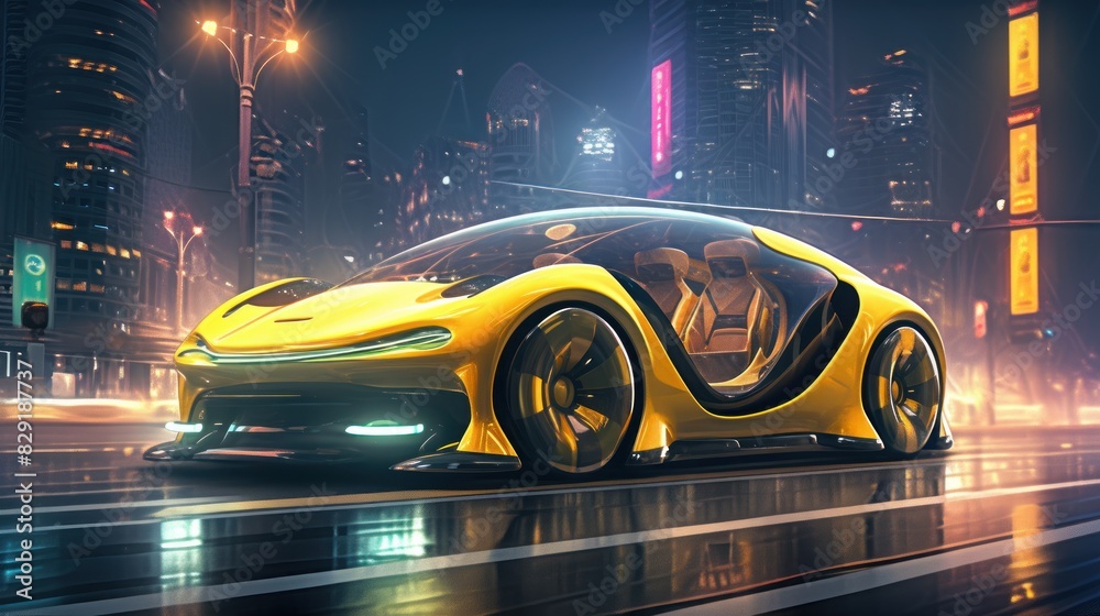 Yellow futuristic electric car 3d illustration. Yellow Electric Vehicle. Electric Vehicle. Futuristic electric car. Electric cars of the future, 3d illustration.	

