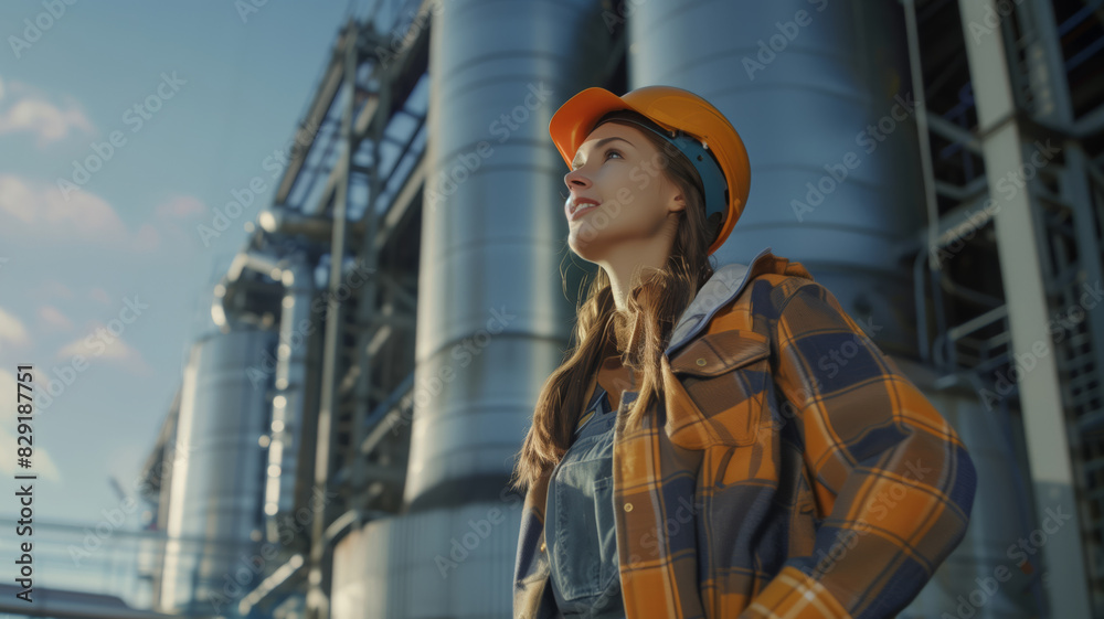 Fototapeta premium A female mechanic in an orange construction helmet and a yellow plaid shirt stands in front of a large industrial building. A happy engineer
