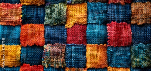 Vibrant multicolored textile pattern with various woven textures, featuring a mix of warm and cool tones in a patchwork design.