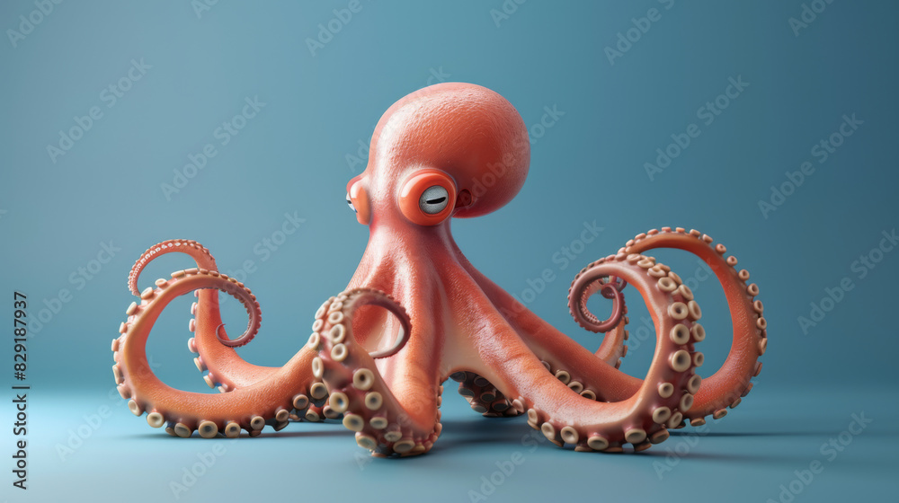 Obraz premium A highly detailed, realistic rendering of an orange octopus sprawling across a deep blue background.