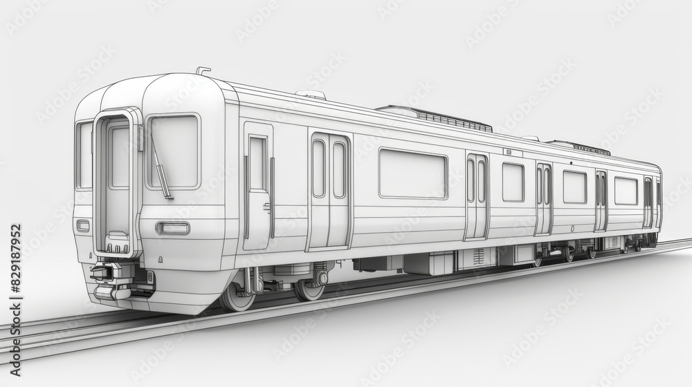 Naklejka premium A monochrome technical blueprint of a modern passenger train, highlighting intricate design and engineering details.