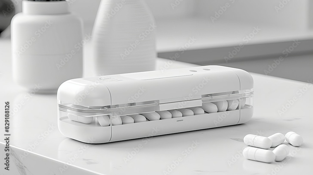 White pill organizer on a modern bathroom counter, displaying neat storage for daily vitamins or medication. White pill organizer on a modern bathroom counter, displaying neat storage for daily vitamins or medication.