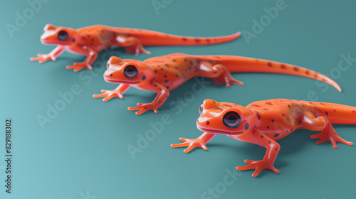 A vibrant group of three red spotted newts pose dynamically on a teal background, showcasing their distinct patterns. photo