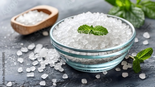 Glass bowl with white peppermint bath salts, foot soak, herbal medicine concept, aromatherapy, skin care
