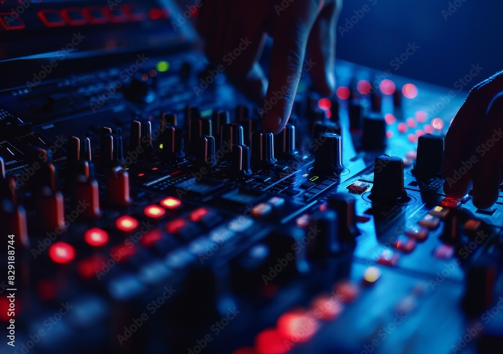 DJ adjusting sounds and beats at night club with stage lights Music and festival concept DJ adjusting sounds and beats at night club with stage lights Music and festival concept