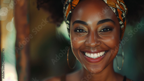 A candid portrait of a black African laughing young woman. A happy woman with a scarf on her head and hoop earrings is smiling