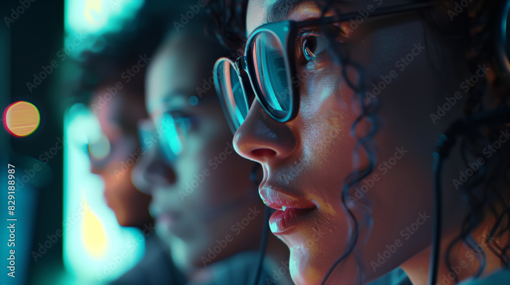 A smart female hacker with glasses is looking at a computer screen. Hacking a huge database. The concept of a technological breakthrough A smart female hacker with glasses is looking at a computer screen. Hacking a huge database. The concept of a technological breakthrough