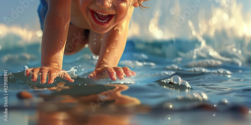 The young child giggles with delight as they dip their tiny toes into the cool ocean waters