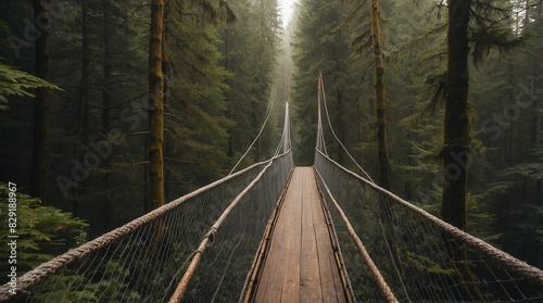wooden suspension bridge with metal handrail between the green forest  photo