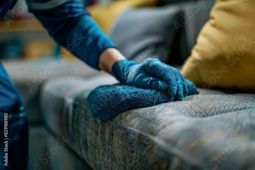 Dry cleaner s worker cleaning furniture in apartment up close