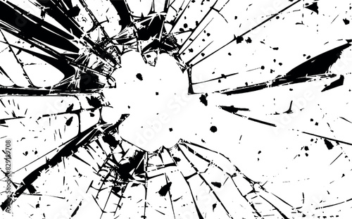 Broken Cracked glass. Hole in the glass surface. Vector drawing. Crime circle break crystal pane isolated on white backdrop. Window after crash or bullet, Broken mirror texture. White background