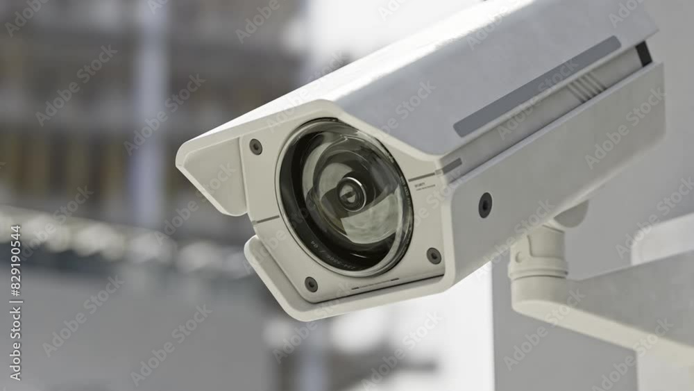Close-up CCTV camera installed on wall of the building. Scan the area for surveillance purposes. Can be used background in security work. Animation, 3D Render.