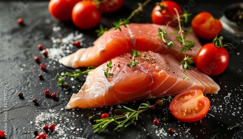 High quality photo of raw fish fillet with tomatoes and herbs on a dark background