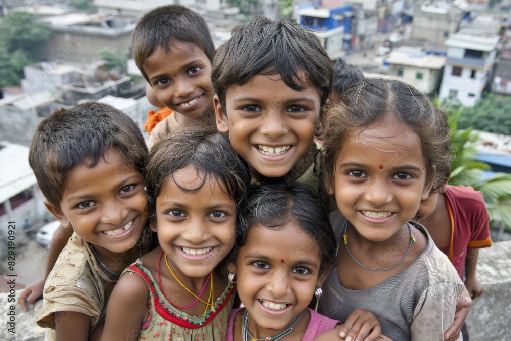 Group of happy Indian kids smiling at the camera on a sunny day.