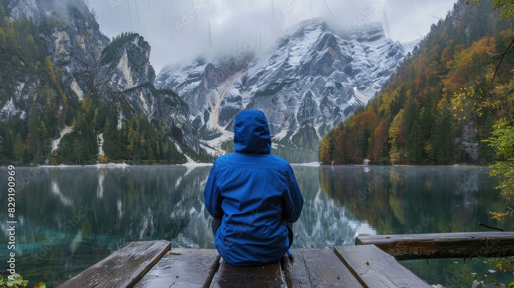 Young hiker in a blue jacket sitting on a wooden bridge beside a mountain lake gazing into the distance