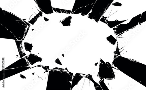 Broken Cracked glass. Hole in the glass surface. Vector drawing. Crime circle break crystal pane isolated on white backdrop. Window after crash or bullet, Broken mirror texture. White background