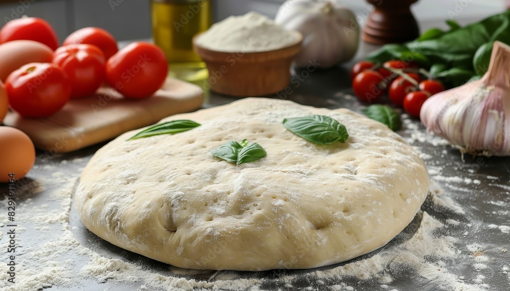 Homemade pizza dough being prepared on a kitchen table Homemade pizza dough being prepared on a kitchen table
