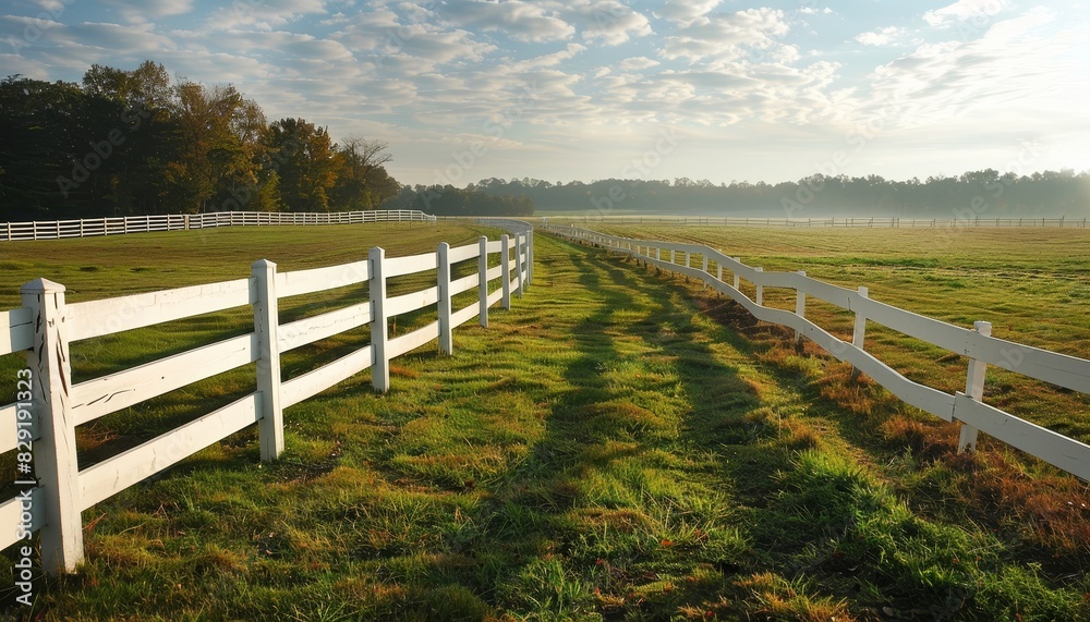 Obraz premium Horse farm with white fenced field